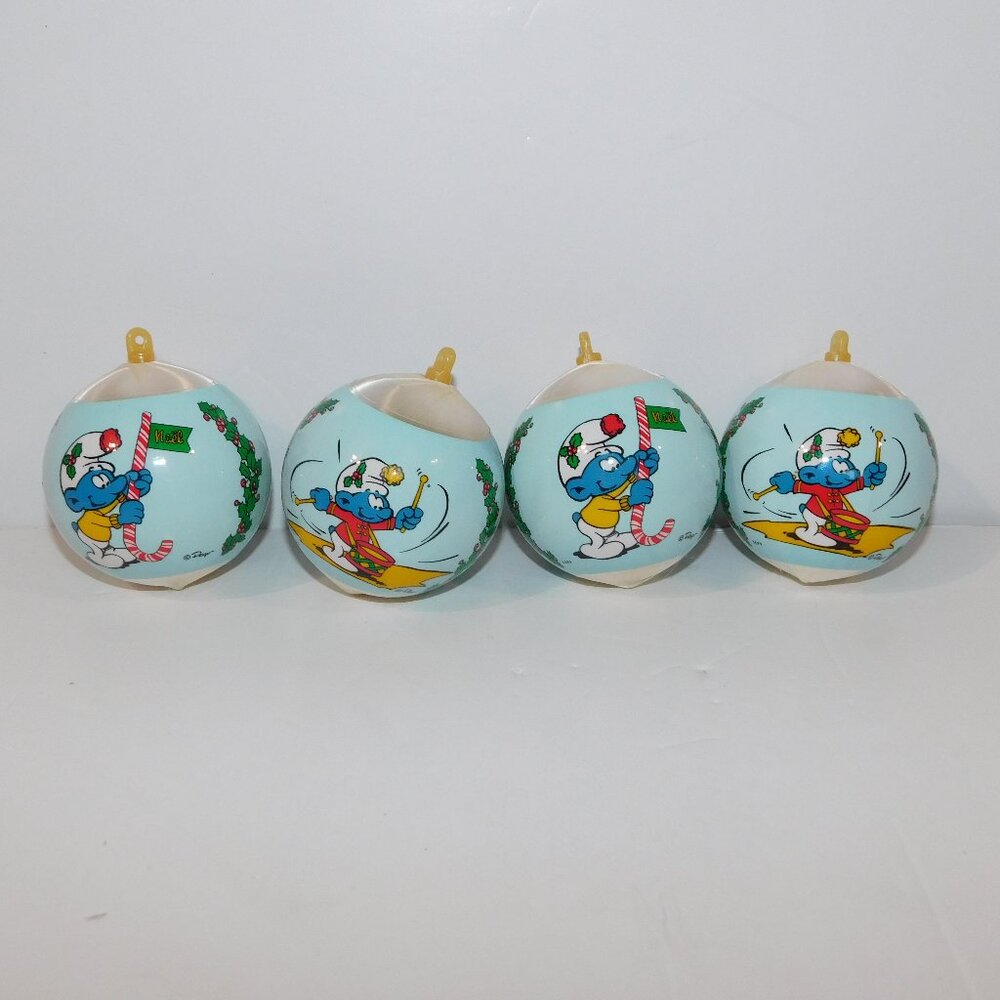 Set 4 Vintage 80s Smurfs Christmas Tree Ornament Satin Wrapped Balls Alderbrook